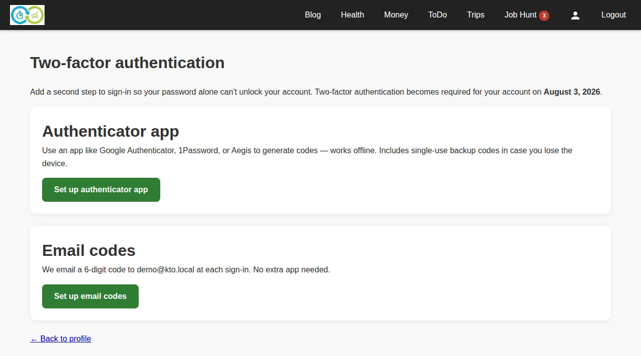 KTO two-factor authentication set-up page offering an authenticator app or email codes