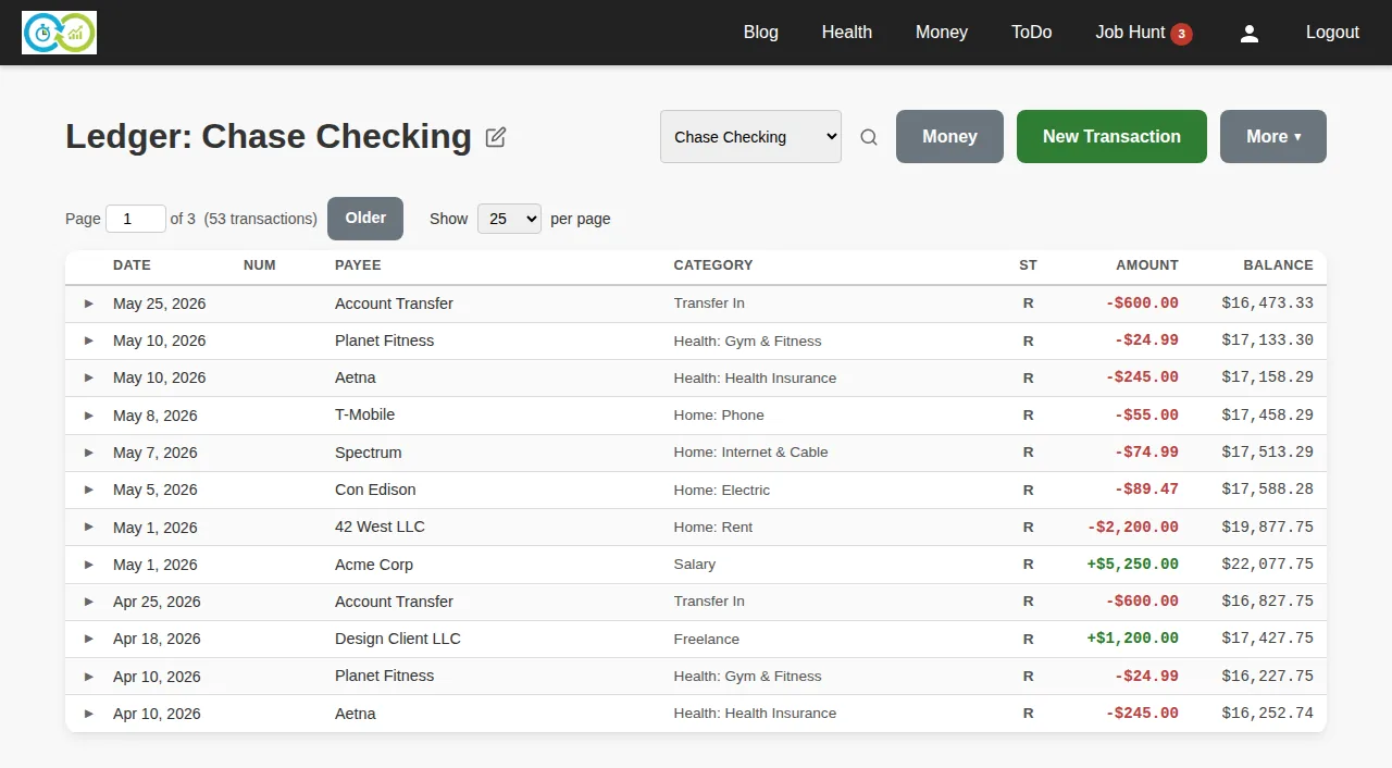KTO money area showing an account transaction register with running balances
