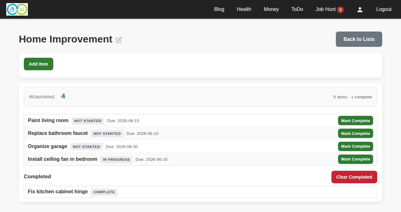 KTO to-do list page with items and due dates